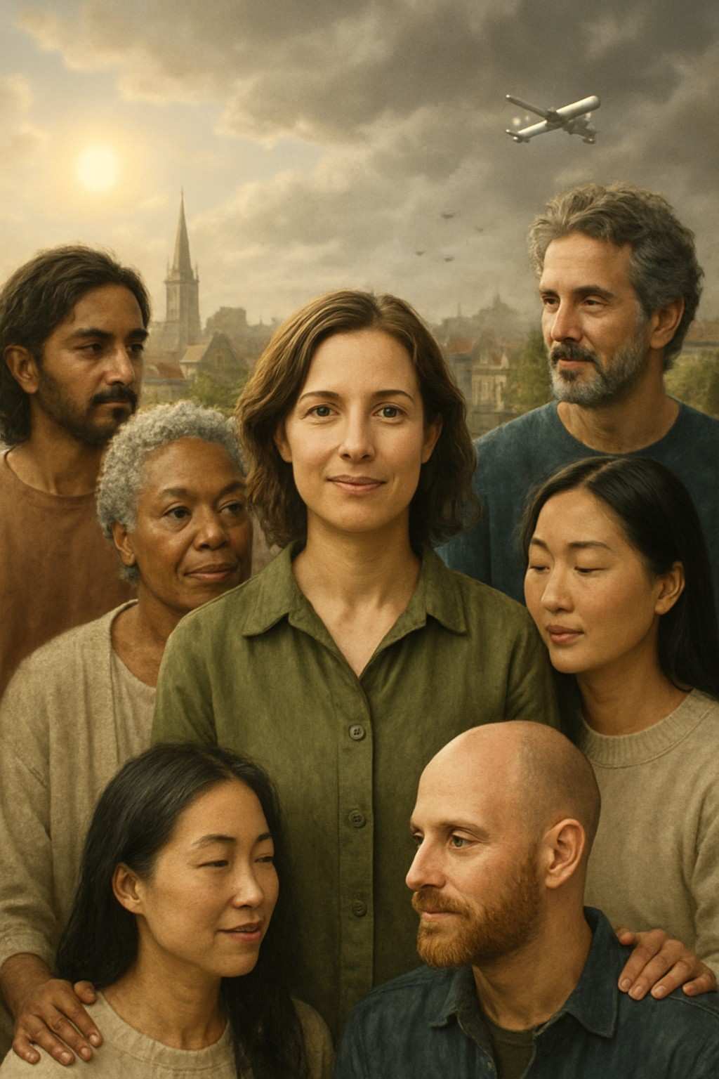 Nieuwe_Wereld-Gelijkheid_bewustzijn_zelfonderzoek_aigenerated Groepje mensen kijken liefdevol, met bewustzijn, compassievol, steunend ondanks wat achter ze gebeurt. Dit is de nieuwe wereld.
