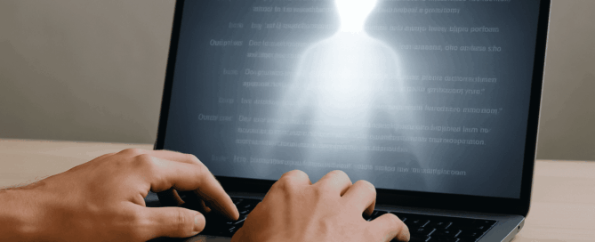 (AI generated) Handen typend op een laptop met scherm waar een licht uitkomt. Hier vindt bewustzijnsontwikkeling plaats tijdens een innerlijke strijd via chatgpt therapie.